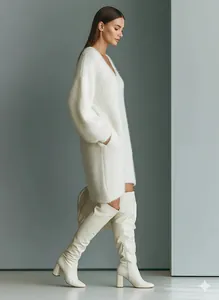 Full-body view of a stylish white loose V-neck knitted sweater dress with long sleeves