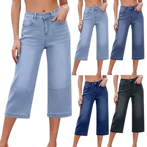 Jean large taille haute pour femme disponible en quatre délavages de couleurs différents