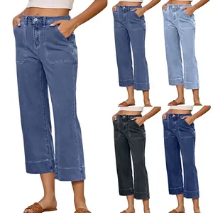 Jeans courts à taille haute et coupe ample pour femmes en plusieurs coloris avec poches