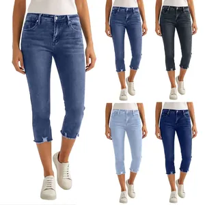Jeans Capri en Denim Stretch à Taille Haute pour Femmes Coupe Slim Skinny Bord Franc Pantalon Cropped pour Streetwear