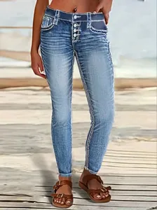 Stylish women's skinny blue denim jeans with contrast stitching and multi-button fly.