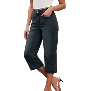 Jean court à jambe large et taille haute pour femme en denim gris foncé tendance