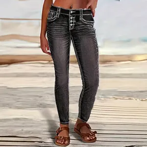 Women's High Waist Skinny Jeans Contrast Stitching Multi Button Fly Stretchy Denim Pencil Pants Slim Fit Commuter Bottom