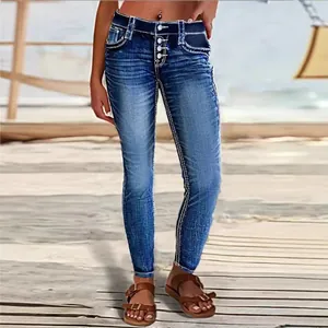 Women's slim fit stretch skinny jeans with contrast stitching and button fly
