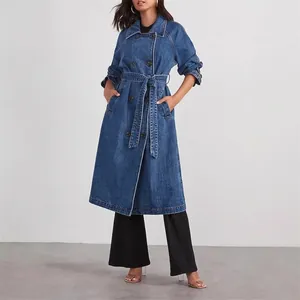 Detailed full-body view of a women's long denim trench coat with double-breasted buttons
