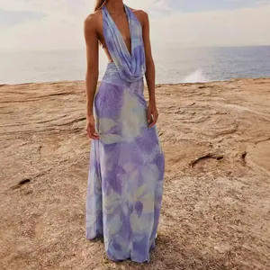 French style purple floral print halter maxi dress with elegant backless V-neck design