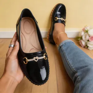 Mocasines Casuales de Cuero PU Charol para Mujer Hebilla de Bocado con Corazón de Strass Zapatos Planos Cómodos