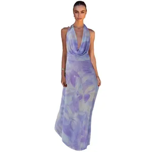 Elegant French style floral halter maxi dress with deep V-neck and slim fit design