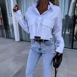 Stylish white long sleeve cropped button-up shirt for women with dual chest pockets