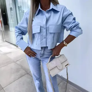 Stylish light blue loose long sleeve cropped button shirt for women fashion