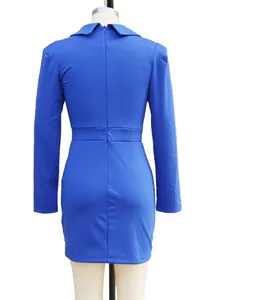 Dettaglio vista posteriore abito blu a maniche lunghe con colletto a tailleur e zip