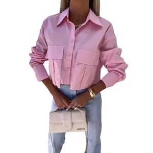 Stylish pink loose long-sleeved button-down shirt for women's spring and autumn outfits
