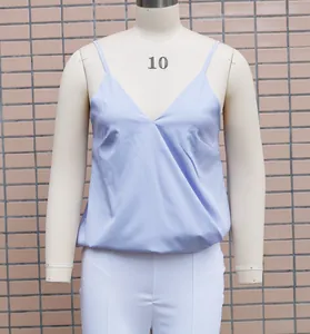 Elegant lavender V-neck loose casual tank top for women, detailed view on a dress form