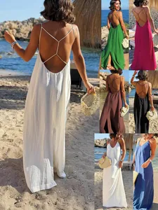 Vestido Largo Espalda Descubierta Verano Mujer Holgado Tirantes V Cuello Sin Mangas Playa Vacaciones Empalme Poliéster Spandex Vestido Sol