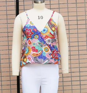Close-up view of women's summer V-neck camisole featuring vibrant paisley patterns
