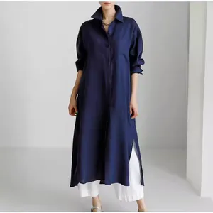 Elegante vestido camisero largo de algodón y lino azul marino con aberturas laterales