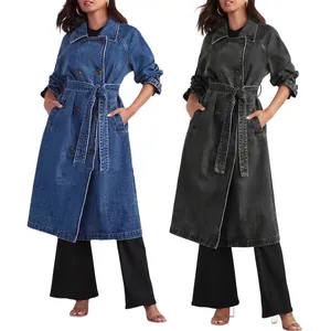 Women Long Denim Trench Coat Double Breasted Button Belted Loose Jacket Casual Autumn Winter Denim Cotton Windbreaker Outerwear