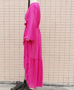 Vibrant fuchsia chiffon long sleeve maxi dress beach cover-up resort wear for women