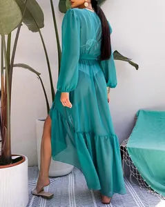 Back view of a sheer teal chiffon beach cover-up dress featuring elegant long sleeves