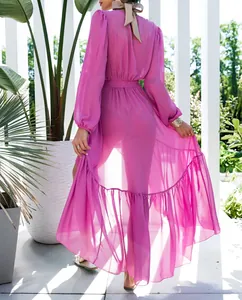 Back view of a sheer fuchsia chiffon beach cover-up maxi dress with a ruffled hem