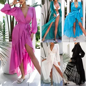 Women's Chiffon Beach Cover Up Dress V Neck Long Sleeve Ruffle Irregular Hem Tie Waist Bohemian Vacation Maxi Dress Top And Bottom