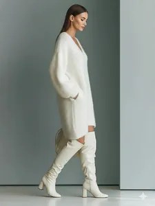 Elegant oversized white V-neck knit sweater dress with long sleeves for fall and winter