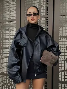 Schicke Oversized Bikerjacke aus schwarzem PU-Leder für Damen Streetstyle