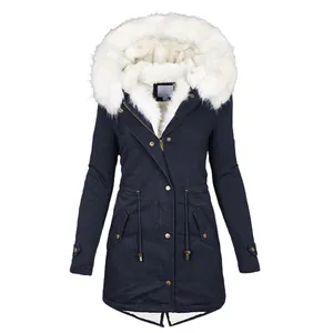 Damen Parka in Navyblau mit weißer Kunstfellkapuze und verstellbarem Taillenzug