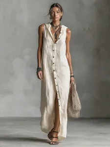 Full-length view of a sleeveless hooded button-down cream linen maxi dress for women.