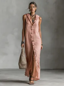 Sleeveless hooded linen-textured maxi dress with elegant front button closure