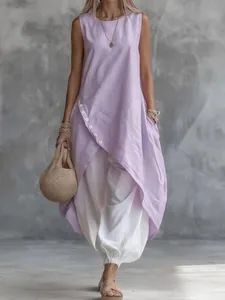 Set casual da donna con tunica asimmetrica viola senza maniche e pantaloni a palloncino