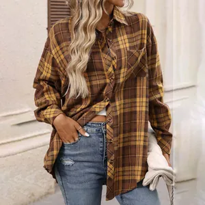 Retro brown and mustard plaid long sleeve shirt for women styled with casual blue jeans