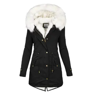 Schwarzer Damen Parka mit weißem Kunstfellkragen und Kordelzug an der Taille