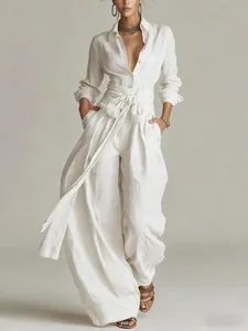 Elegante witte linnen overhemd en high-waist wijde broek set met een decoratieve strik