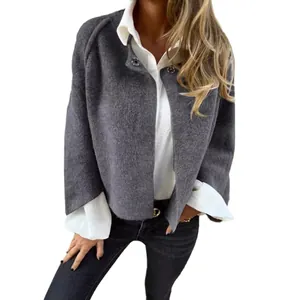 Elegant gray wool-blend short cardigan jacket for women, stylish autumn outer layer.
