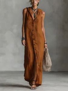 Elegant bohemian sleeveless hooded maxi dress with front buttons in a warm rust orange shade
