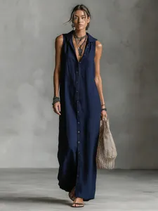 Elegant navy blue sleeveless hooded button-down maxi dress for chic summer looks