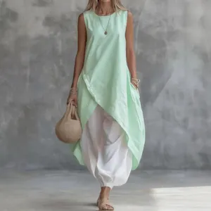 Elegante set due pezzi in lino con tunica verde menta e pantaloni harem bianchi ampi