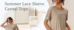 Vista dettagliata della manica in pizzo traforato su questo elegante top estivo beige