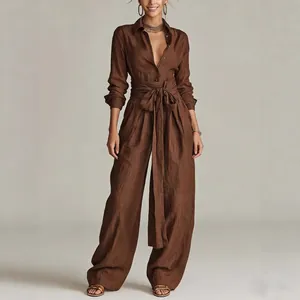 Dames Casual Katoen Linnen Top And Bottom Set Effen Kleur Revers Lange Mouw Overhemd Hoge Taille Wijde Pijpen Broek Outfit