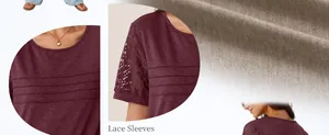 Dettaglio di un'elegante t-shirt da donna rosso vino con maniche in pizzo traforato.