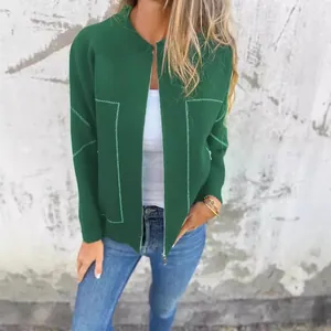 Veste décontractée vert foncé pour femme avec fermeture éclair et surpiqûres décoratives blanches