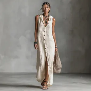 Women Sleeveless Hooded Maxi Dress Single Breasted Button Down Solid Color Polyester Loose Vacation Resort Style Summer Dress