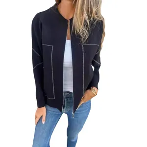 Veste décontractée pour femme avec fermeture éclair, coutures contrastées et texture laine