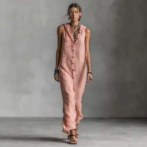 Summer pink sleeveless hooded button-down maxi dress for women in elegant linen style