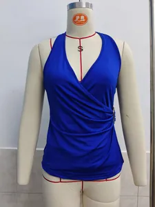 Elegant royal blue sleeveless wrap halter top with deep V-neck and ruched side detail