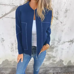 Veste décontractée bleu marine à fermeture éclair pour femme avec surpiqûres blanches