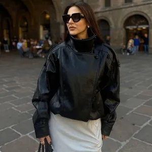 Damen Oversize Biker PU Lederjacke Stehkragen Kurz Locker Lässig Kunstleder Motorradjacke Streetwear Außenbekleidung