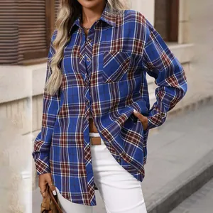 Vintage style women's long-sleeve plaid shirt with blue and brown checkered pattern