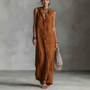Elegant sleeveless hooded button-down long dress in terracotta crinkle linen fabric.